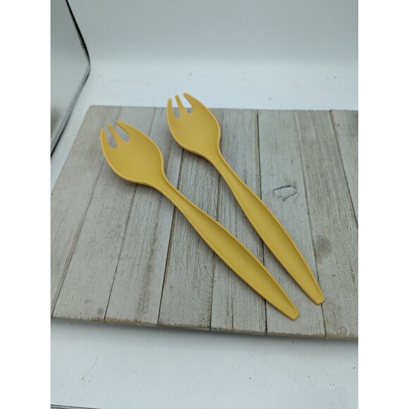 Tupperware #1 Harvest Gold Lot of 2 Salad Spoons Sporks Serving Utensil 12" - Picture 1 of 6